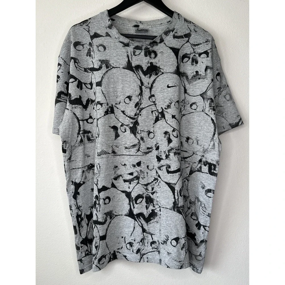 Vintage Nike Skull All Over Print AOP T Shirt Y2K XL Grey